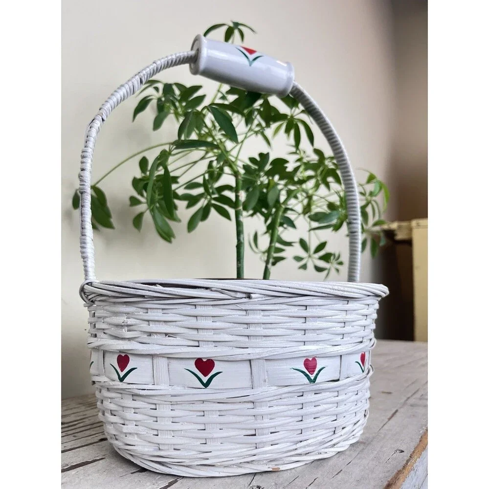 Vintage White Woven Wicker Basket Ceramic Heart Handle / Red & Green Flowers 11”